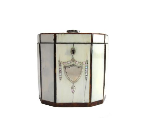 A George III mother-of-pearl inlaid tortoiseshell banded ivory tea caddy, of compressed octagonal form, 11cm wide x 12cm high