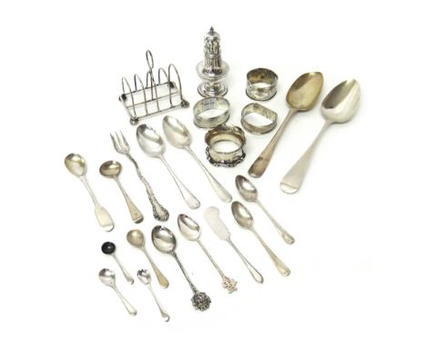 Silver, comprising; a five bar toastrack, a baluster shaped pepperette, four napkin rings, two tablespoons, six condiment spo