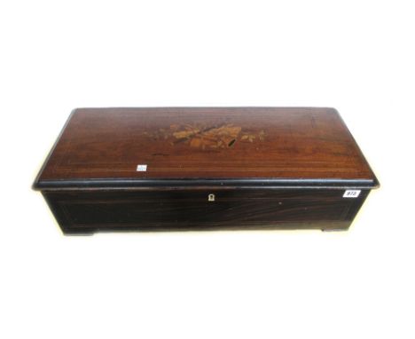 A walnut and inlaid Swiss cylinder music box by Nicole Freres, playing ten airs, with a thirteen inch cylinder (a.f), 70cm wi