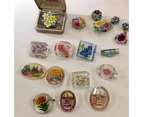 Collection of Vintage Lucite Brooches and China flower brooches 