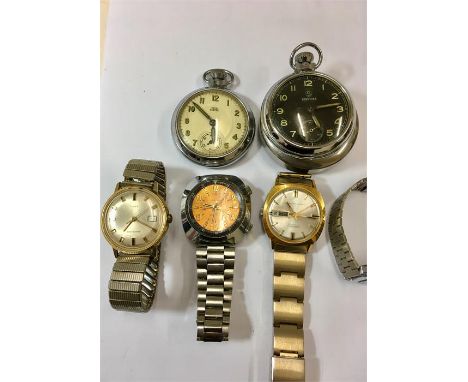 Selection of vintage wristwatches and pocket watches includes Ingersoll Timex Ventura & Smiths empire 