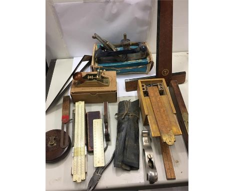 Collection of period woodworking tools and drawing instruments  