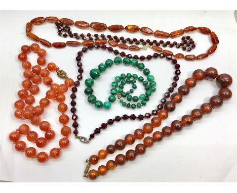 Collection of Antique & Vintage Bead Necklaces includes Agate ,Amber type ,Garnet & Malachite  