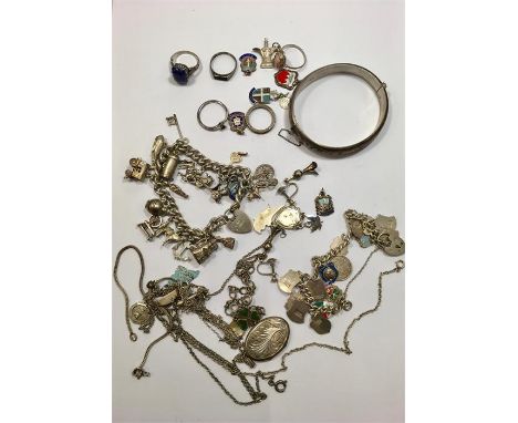 Collection of vintage Silver Jewellery includes charm bracelets ring chains etc weight 170g