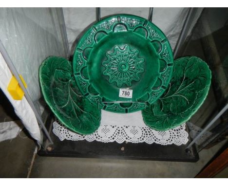 Two green ceramic 'Cabbage' plates and one other.The large plate has a small chip to rear. 1 Smaller plate has 2 chips to rea