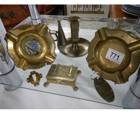 A mixed lot of brassware including chamber candlestick, ashtrays etc.,