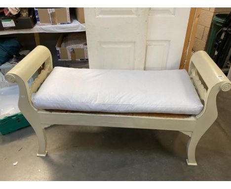 A wooden bench / loving seat (Cushion needs covers) Width 133cm Depth 47cm Height 73cm COLLECT ONLY