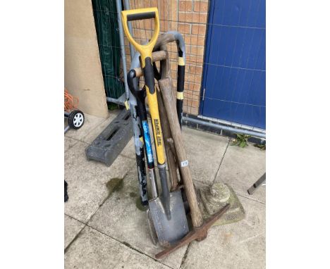 A quantity of garden tools &amp; concrete urn base