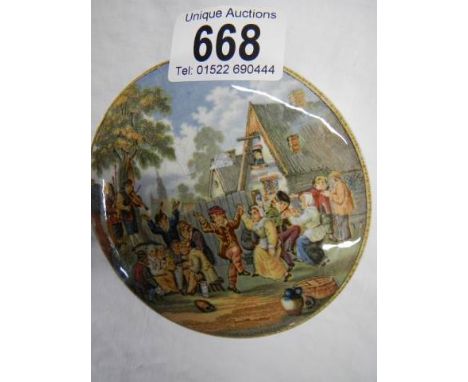 A Prattware pot lid 'The Village Wedding' a/f.