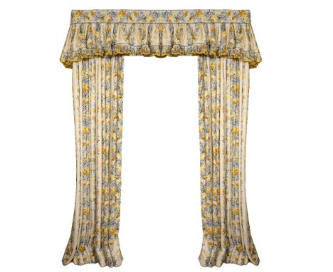 A PAIR OF JANE CHURCHILL, COLEFAX &amp; FOWLER YELLOW AND BLUE LINED AND INTERLINED CURTAINS with yellow ribbon design (Lymin