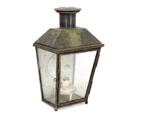 A 19TH CENTURY COACHING STABLE LANTERN with toleware top and glass sides and front 59cm overall