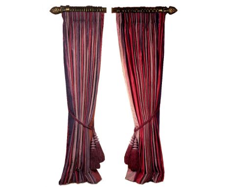 A PAIR OF PURPLE AND RED STRIPED INTERLINED CURTAINS each 250cm high and approximately 590cm longThe curtain pole and rings i
