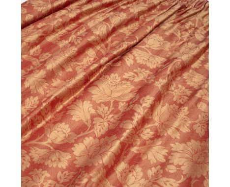 A PAIR OF 20TH CENTURY RAW SILK CURTAINS on a coral ground with peony decoration with gathered top, 236cm in the drop x 158cm