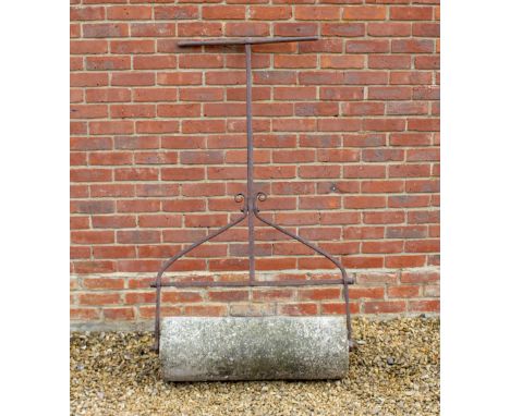 A 19TH CENTURY WROUGHT IRON AND STONE GARDEN ROLLER 89cm wide x 151cm high 