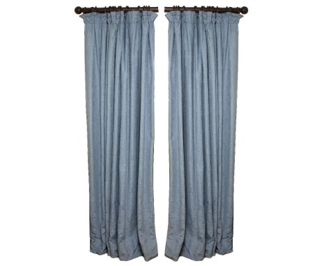 A PAIR OF HEAVY BLUE PATTERNED INTERLINED CURTAINS each approximately 240cm high x 240cm long (2 curtains)The curtain pole an