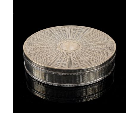 AN ANTIQUE CONTINENTAL WHITE METAL OVAL BOX with a radiating design to the lid of strands of beads and laurel, the side with 