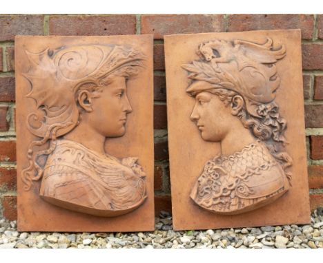 A PAIR OF CAST TERRACOTTA COLOURED RELIEF MOULDED PORTRAIT PLAQUES in the renaissance style 33cm wide x 47cm high (2)