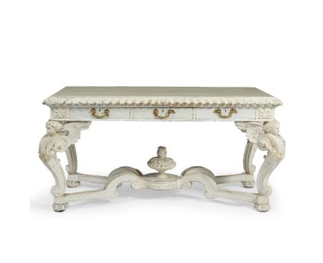 AN 18TH CENTURY FRENCH STYLE WHITE PAINTED CARVED CENTRE TABLE with gadrooned edge to the rectangular top, three frieze drawe