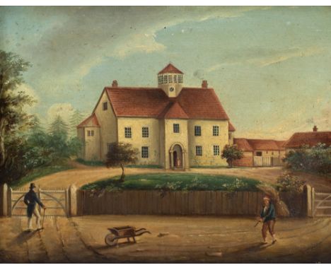 A 19TH CENTURY NAIVE SCHOOL country house with glazed lantern set to the top and stable yard beside, oil on canvas, unsigned,