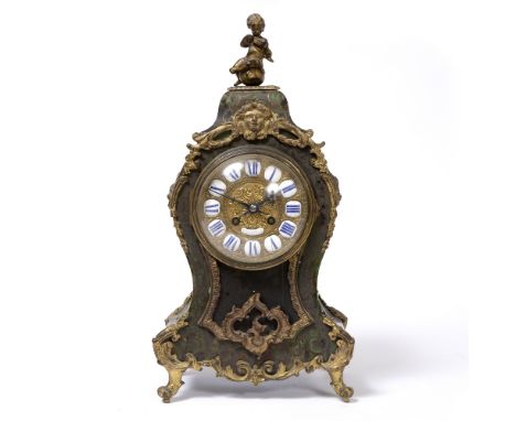 A LATE 19TH CENTURY FRENCH GREEN BOULLE WORK CLOCK with a gilt cherub finial, scrolling gilt mounts and a Medaille De-Argent 
