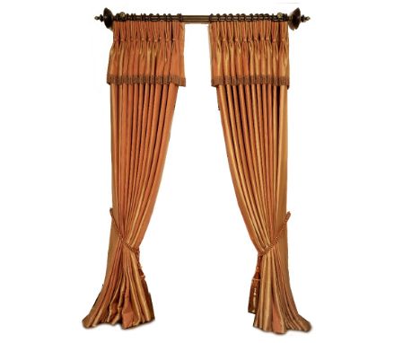 A PAIR OF LARGE HEAVY INTERLINED PEACH AND GOLD STRIPED CURTAINS each approximately 290cm high x 380cmThe curtain pole and ri