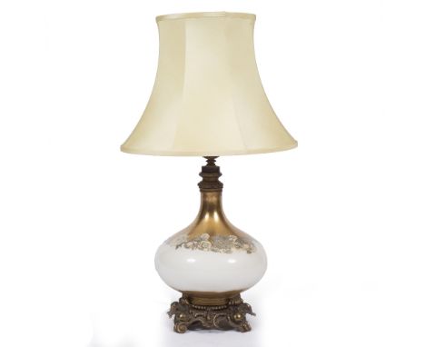 A GILT WHITE GLASS TABLE LAMP of squat ovoid form with a band of flower decoration and cast brass mounts 30cm diameter x 80cm