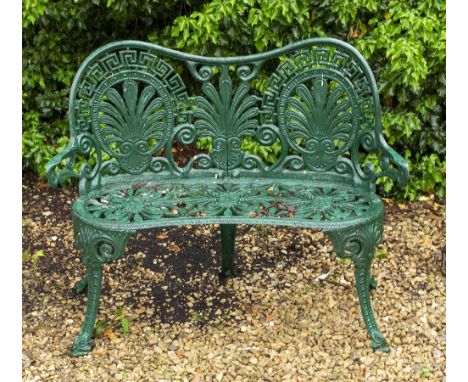 A 20TH CENTURY GREEN PAINTED CAST ALUMINIUM TWO SEATER GARDEN BENCH with Greek key type pattern to the support 104cm wide x 8