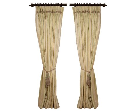 A PAIR OF PEPPERMINT GREEN AND CREAM SILK INTERLINED CURTAINS approximately 250cm high x 470cm long (2 curtains)The curtain p