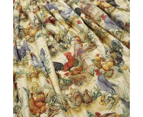 A PAIR OF CREAM GROUND INTERLINED CURTAINS decorated with chickens, approximately 250cm high x 260cm wide (2 curtains)