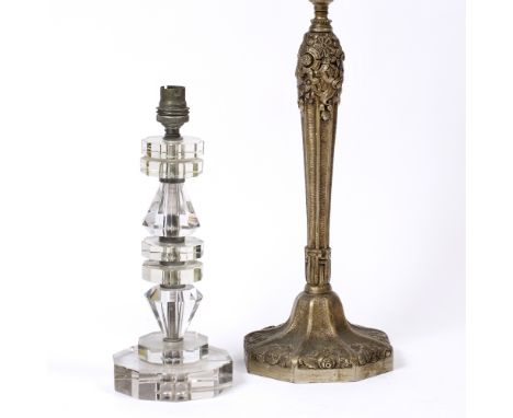 A FACETED AND KNOPPED TABLE LAMP BASE on octagonal plinth 30cm overall and an Art Nouveau style cast metal lamp base 43cm (2)