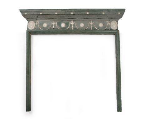 A GEORGE III GREEN AND WHITE PAINTED PINE AND GESSO MOULDED CHIMNEY PIECE the stepped mantle shelf with moulded decoration ab