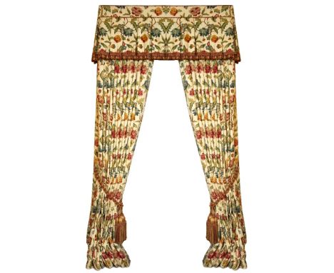 A PAIR OF CREAM GROUND INTERLINED FLORAL CURTAINS each approximately 250cm high x 370cm wide (2)
