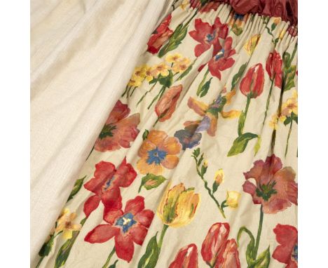 A PAIR OF LINEN AND COTTON WEAVE CREAM GROUND CURTAINS 210cm in the drop x 165cm wide per curtains and a further pair of pans