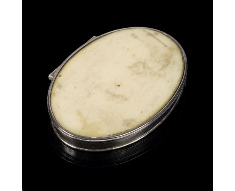 AN 18TH / EARLY 19TH CENTURY OVAL WHITE METAL BOX the ivory inset lid decorated with traces of a portrait miniature within, i