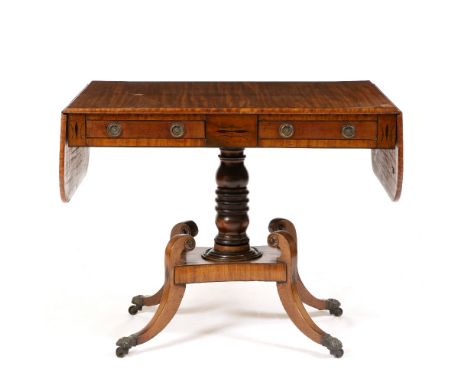 A 19TH CENTURY MAHOGANY SOFA TABLE with drop leaves to either end, two frieze drawers with ring turned handles and ebony stri