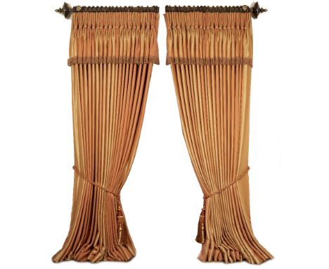 A LARGE PAIR OF HEAVY INTERLINED PEACH AND GOLD STRIPED CURTAINS approximately 290cm high x 650cmThe curtain pole and rings i