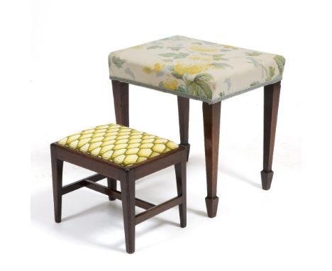 A GEORGE III MAHOGANY RECTANGULAR DRESSING TABLE STOOL with overstuffed upholstered seat and square tapering legs terminating