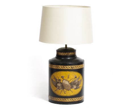 A 19TH CENTURY TOLEWARE TEA CANISTER and cover with a label for Parnall &amp; Sons., Bristol, with later painted Armorial dec