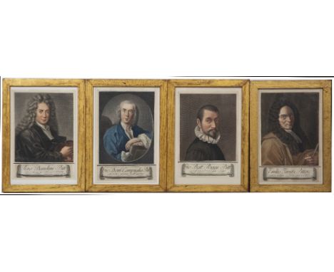 A SET OF TWENTY SIX HAND COLOURED ANTIQUE PRINTS depicting Italian artists, each set within a gilt frame, the frames 24cm wid