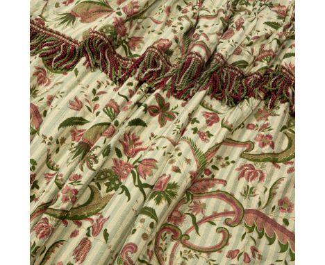 A PAIR OF INTERLINED CURTAINS  with green stripe ground, decorated with flowering foliage in greens, pinks and reds, each cur