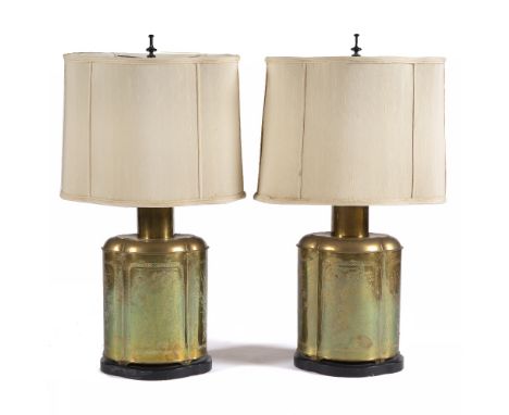 A PAIR OF BRASS LOBED QUATREFOIL TEA CANISTERS  with engraved decoration, converted for use as a table lamp, each on an eboni