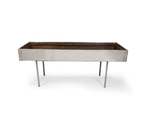 A LARGE RECTANGULAR STAINLESS STEEL TROUGH or planter, mounted on a stand 182cm x 62cm 