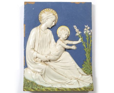 AN ITALIAN CANTAGALLI PLAQUE depicting The Virgin and Child, in the Della robbia style, with cockerel mark beneath 34cm x 43c