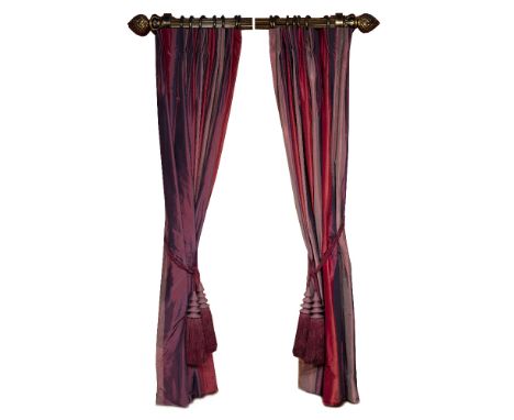 TWO PAIRS OF PURPLE AND RED STRIPED FLOOR LENGTH INTERLINED CURTAINS each 250cm high x 260cm long together with a further pai