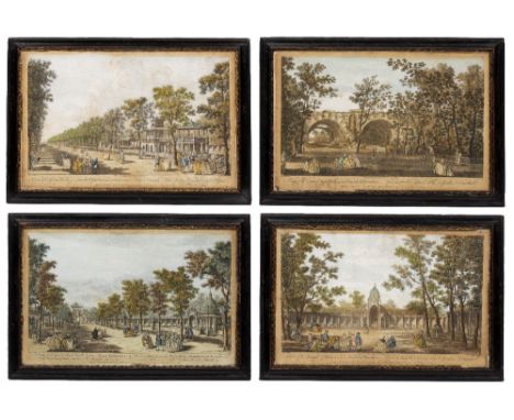 A SET OF FOUR 18TH CENTURY HAND COLOURED ENGRAVINGS  of Vauxhall Gardens, each set within moulded Hogarth style frames 27cm x