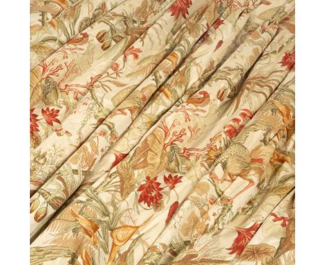 A PAIR OF LARGE INTERLINED CURTAINS the cream ground decorated with corals and shells and exotic birds and foliage, each curt