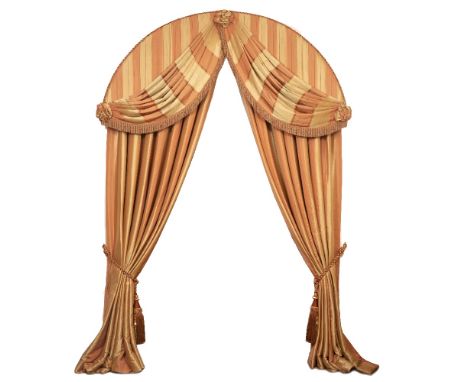 TWO PAIRS OF HEAVY SHAPED INTERLINED GOLD AND PEACH STRIPED CURTAINS approximately 3 metres high at their greatest and each c