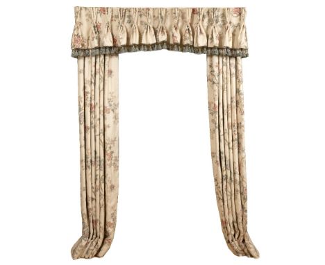 A PAIR OF CREAM GROUND INTERLINED CURTAINS decorated with branches of pink flowers, each approximately 240cm high x 380cm wid