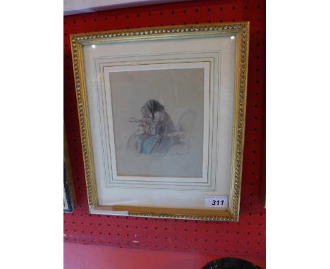 Charles Edouard Frere (French, 1837 - 1894) 'Tying off the stitch' signed and dated '74 watercolour over pencil, on buff pape