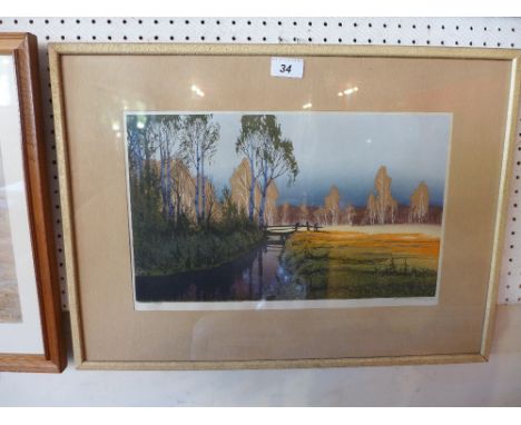 Droge, an original woodcut depicting a river running through a landscape, limited edition 47/75, signed in pencil in the marg
